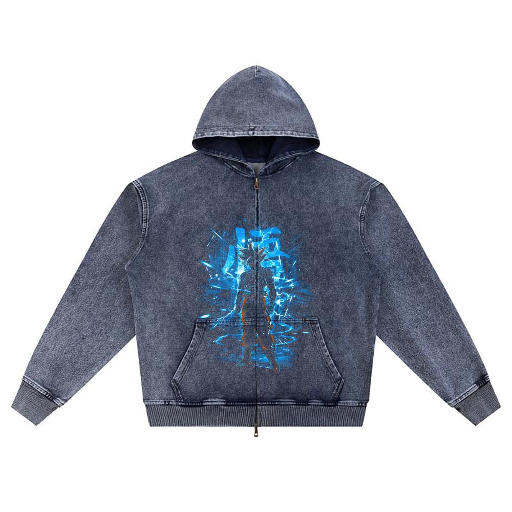 

DTG print Knitted Denim Zip-Up Hoodie Copy of goku ultra azul Brother Print Zipper Hoodies XL