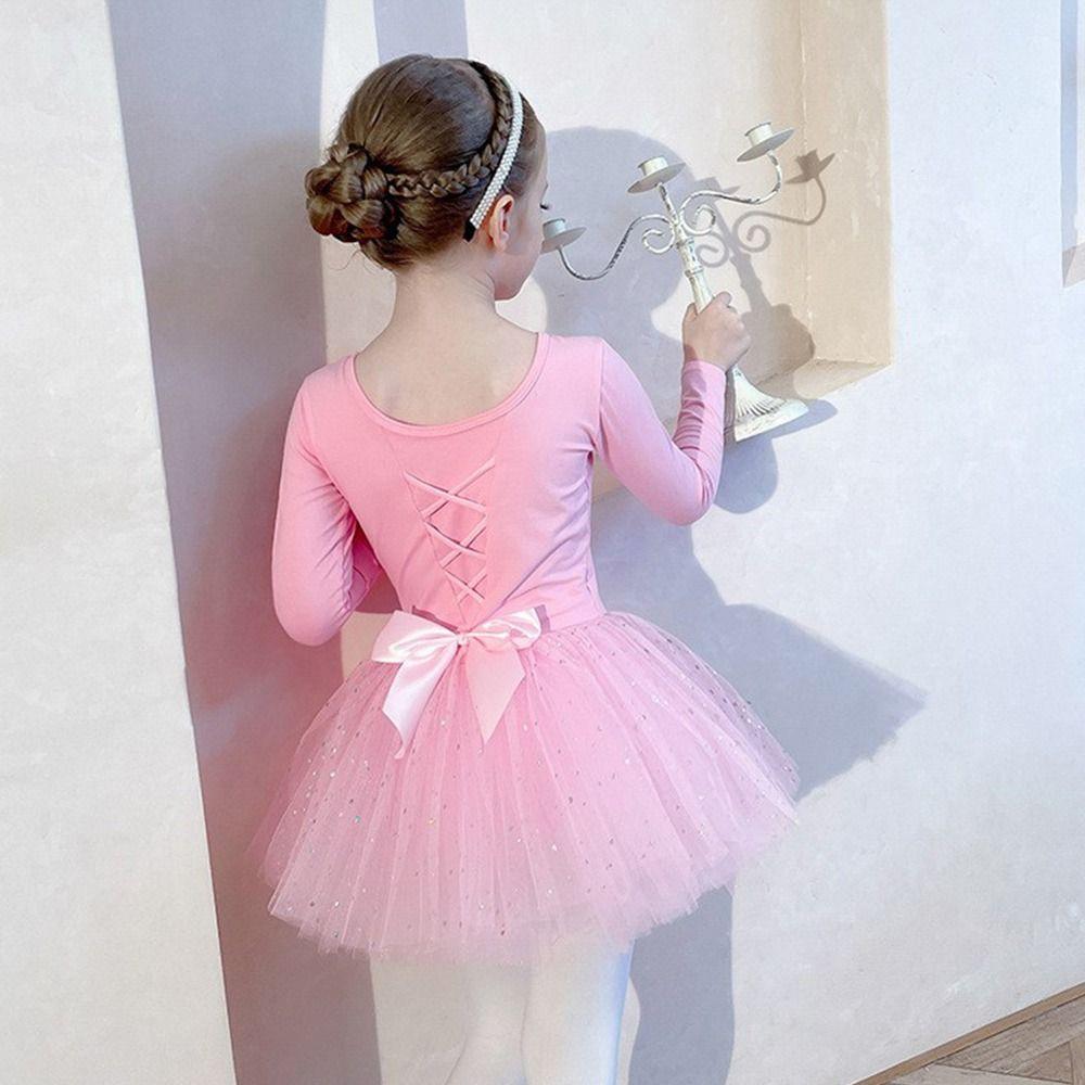 Fashion Long Sleeve Ballet Dress Cotton Sequins Ballet Tutu Skirt Party Dress Bowknot Performance Clothes Dance