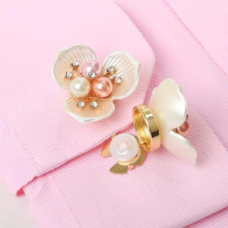 1PC Pearl Flower Button Cover Rhinestone Embellished Clips Detachable Cufflinks Button Cover For Women Dress Shirts Crafting DIY