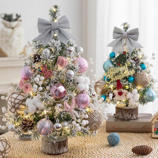 Mini Christmas Tree with LED Light Pre-lit Small Artificial Snow Flocked Tree with Ball