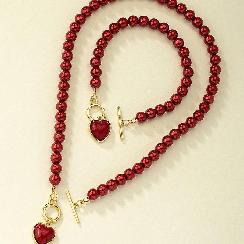 2PCS Immitation Pearl Necklace Bracelet Jewelry Set Elegant Love Pearl Color Pendant Natural Color Beads Collar for Girl Gifts