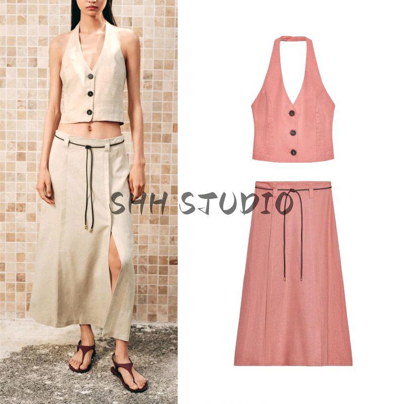 Linen Blend Hanging Collar Top 3207939 8118350 High Waist Skirts 2153939 8116350