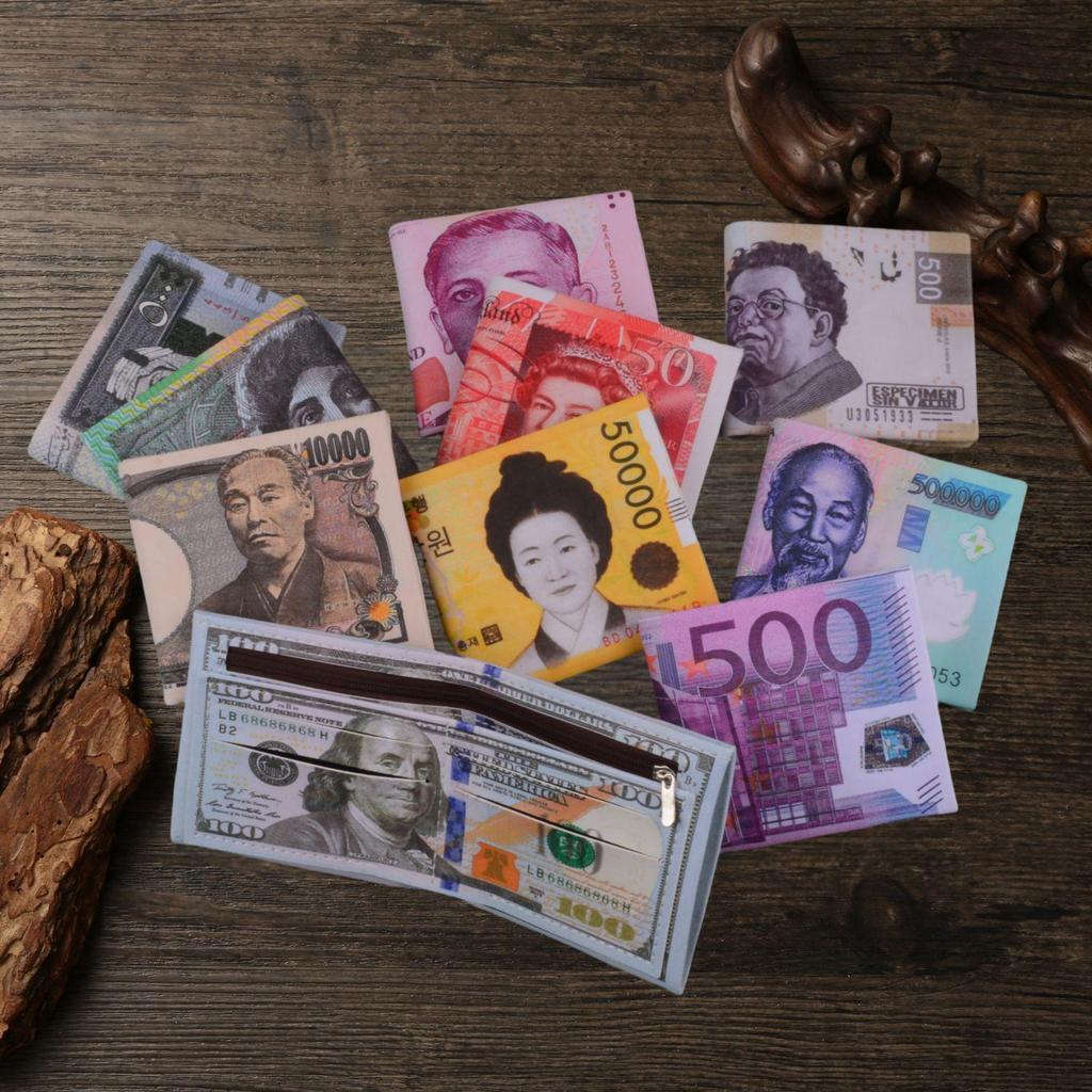 Unisexová krátká peněženka s kreativními vzory měn z různých zemí