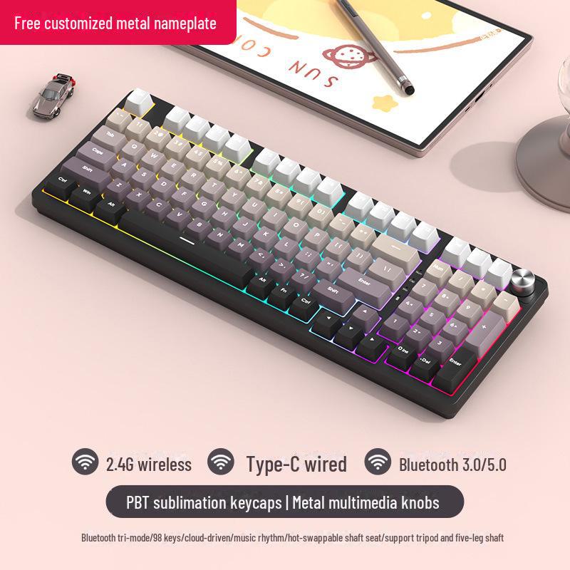 Tastatură mecanică de gaming wireless Bluetooth tri-mode cu 98 de taste și comutatoare personalizabile (Albastru, Negru, Ceai, Roșu) și design cu înlocuire la cald.