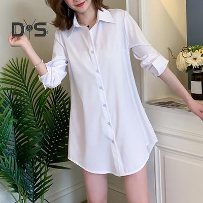 Women Shirt Lapel Long Sleeve Mid-length Style Shirt Solid Color Buttons Placket Casual Regular Fit Tops Daily Wear