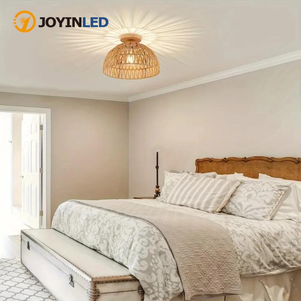JOYINLED Bohemian Handwoven Chandelier Design Wooden Base Flush Mount Rattan Ceiling Light for Restaurant Living Room Bedroom