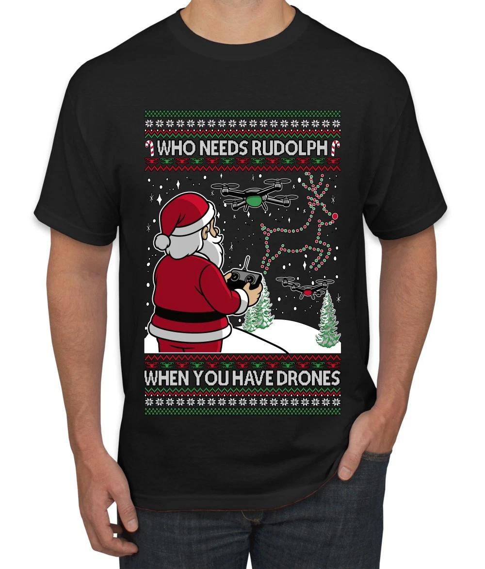 Santa Drone Show Reindeer Ugly Christmas Men s T- Shirt L
