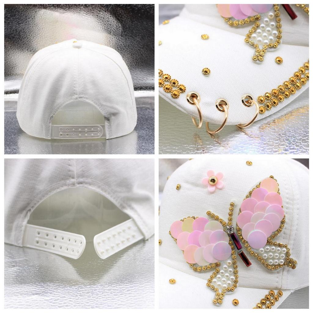 Fashion Ladies Bling Sequin Butterfly Baseball Cap, Rhinestone Trim Metal Ring Decor Adjustable Sun‑Protection Peaked Hat for Daily Party Street