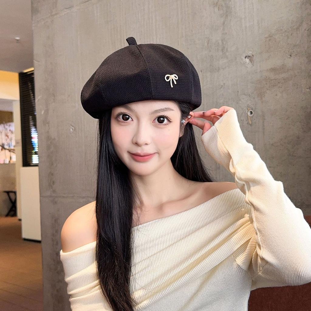 New cute bow beret spring and autumn versatile face little cloud painter hat