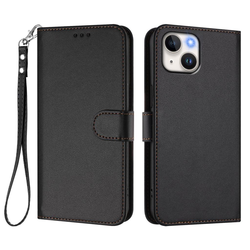 For iPhone 15 Leather Case Wallet Stand Phone Cover with Wrist Strap