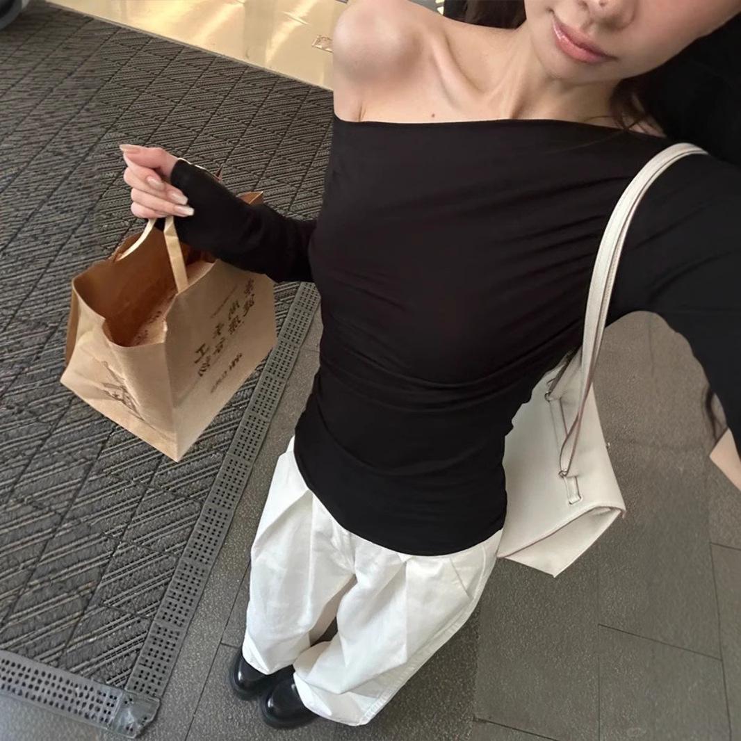

High-Quality Retro French Off-Shoulder Long Sleeve Women s T-Shirt Small
