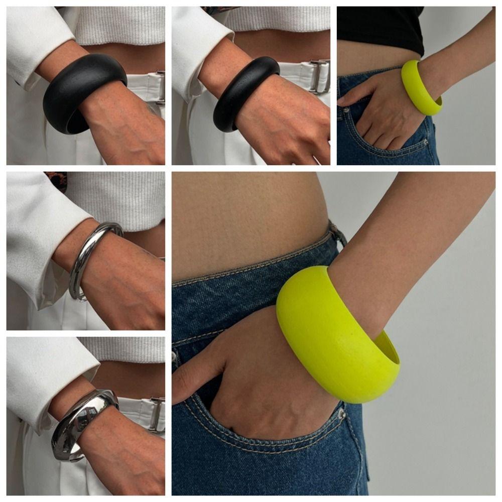 Geometric Exaggerate Bangles Fluorescent Green Wood Hand Ring Fashion Chunky Bracelets Women  Women