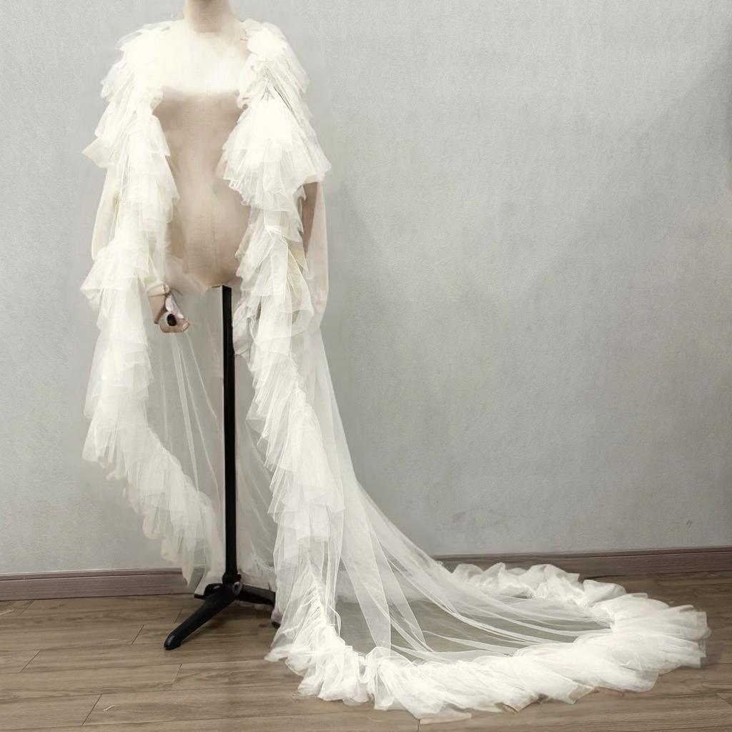 Women Multi Layer Ruffle Tulle Cape Long Train Sheer Mesh Cloak Detachable Pearl Strap Bridal Wedding Cover UpEvening dress Dance party attire