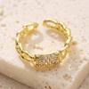 Golden Plated Cuban Link Open Adjustable Ring with Synthetic Zircon Heart for Women Trendy Statement Jewelry Gift