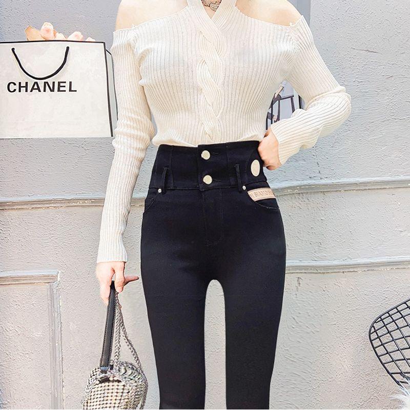 

Бежевые флисовые леггинсы-карандаш в европейском и американском стиле в корейском стиле Black [Fleece-lined]] S