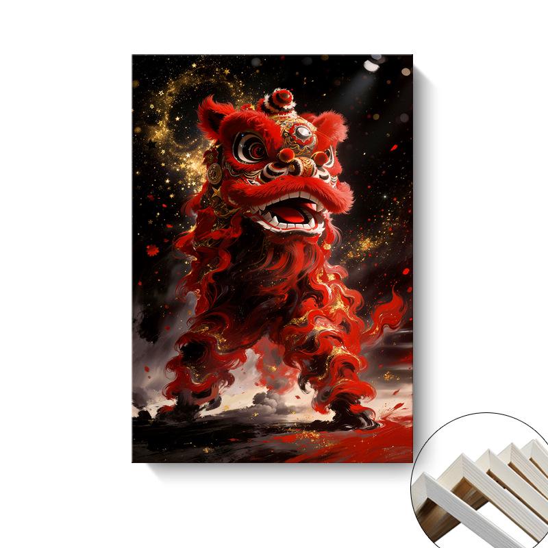 Chinese Festival Lion Dance Decorative Wall Art: Oil Canvas Mural