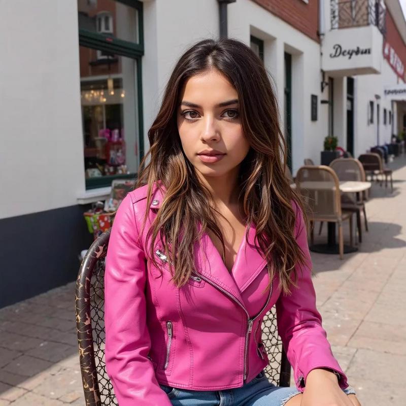 

Women s Slim Fit Retro Rose Red Faux Leather Jacket with Zipper M рожевий червоний колір