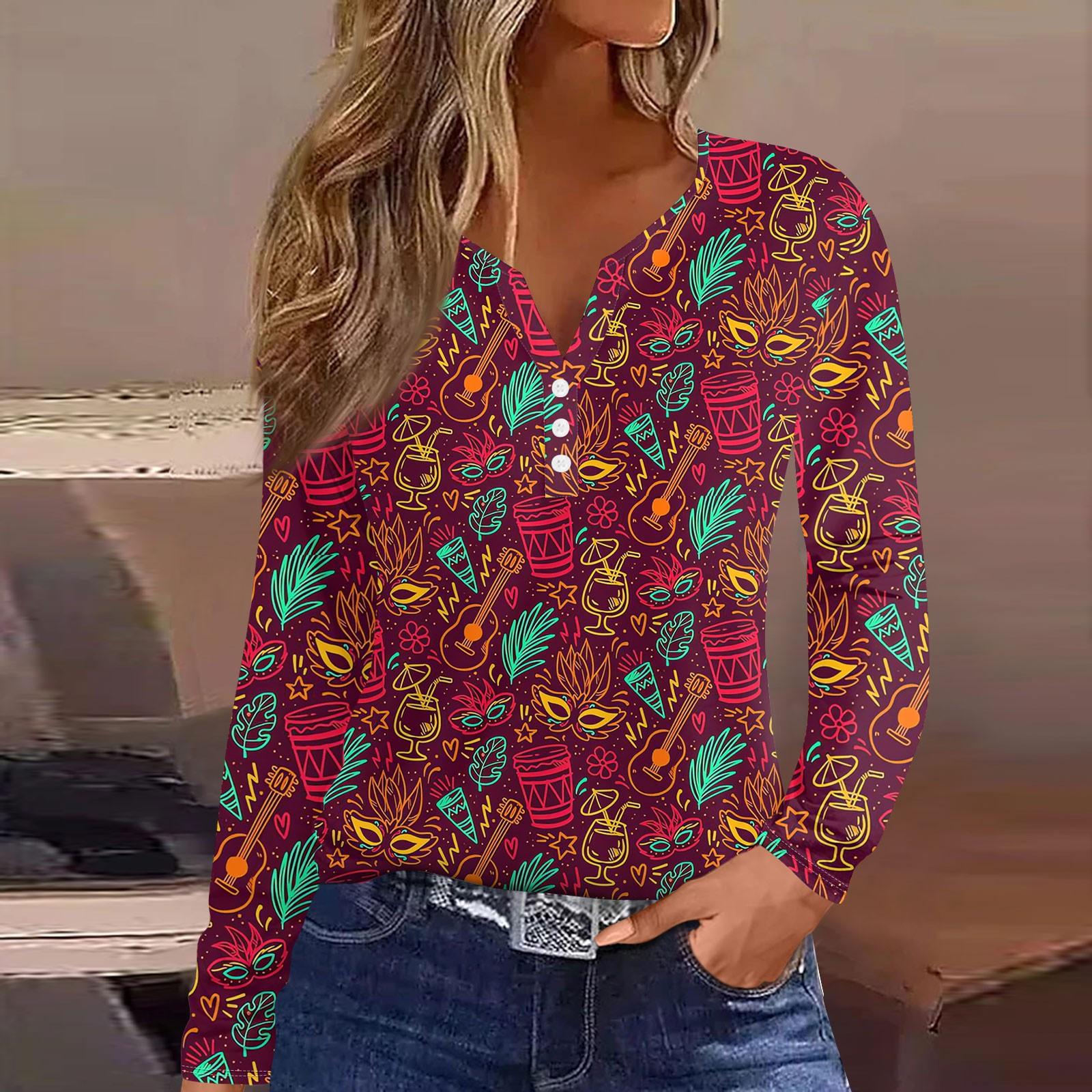 

Женская мода повседневная футболка с принтом Марди Гра и V-образным вырезом, длинным рукавом, на пуговицах XXXL винный