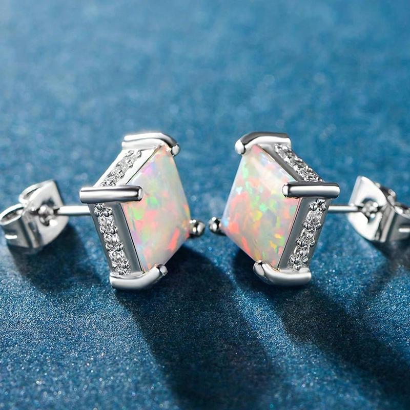 New Square Opal Stud Earrings Copper Plated Real Gold High Quality Kyocera Opal Opal Jewelry