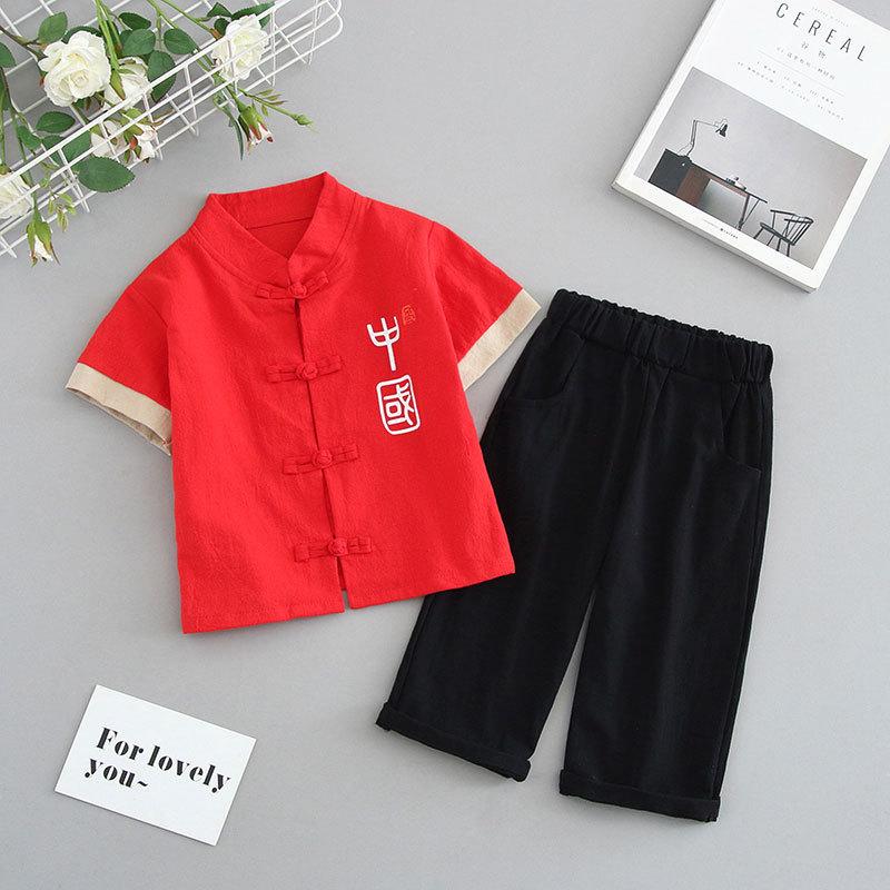 Completo Estivo da Ragazzo a Maniche Corte Stile Cinese per Bambini Hanbok Bello Completo Tang Cotone Lino Sezione Sottile di Abbigliamento Antico