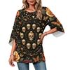 Women's Halloween Printed Casual Loose Fit Top with Round Neck and Three-Quarter Sleeves