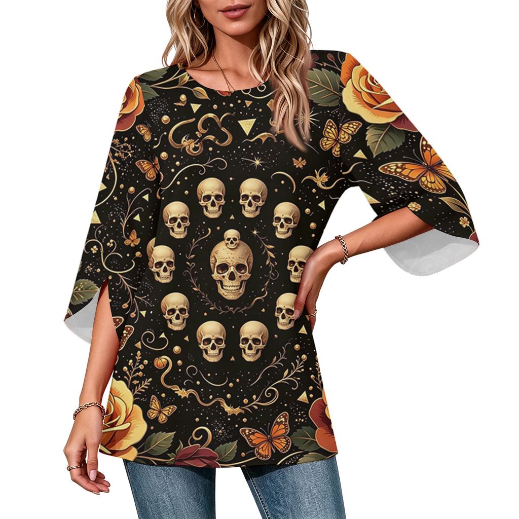 Women's Halloween Printed Casual Loose Fit Top with Round Neck and Three-Quarter Sleeves
