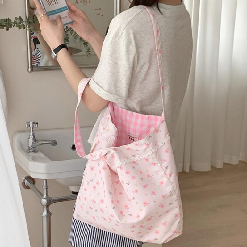 Sweet Plaid Floral Double Sided Women's Shoulder Bag Large Capacity Female Shopping Bags Casual Flower Ladies Tote Handbags