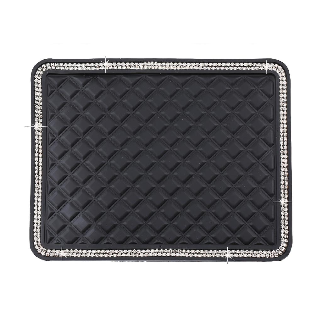 1pc Black Silicone Car Center Console Organizer with Diamond-Studded Border - Non-Slip Dashboard Storage Mat for Keys, Remote & Accessories