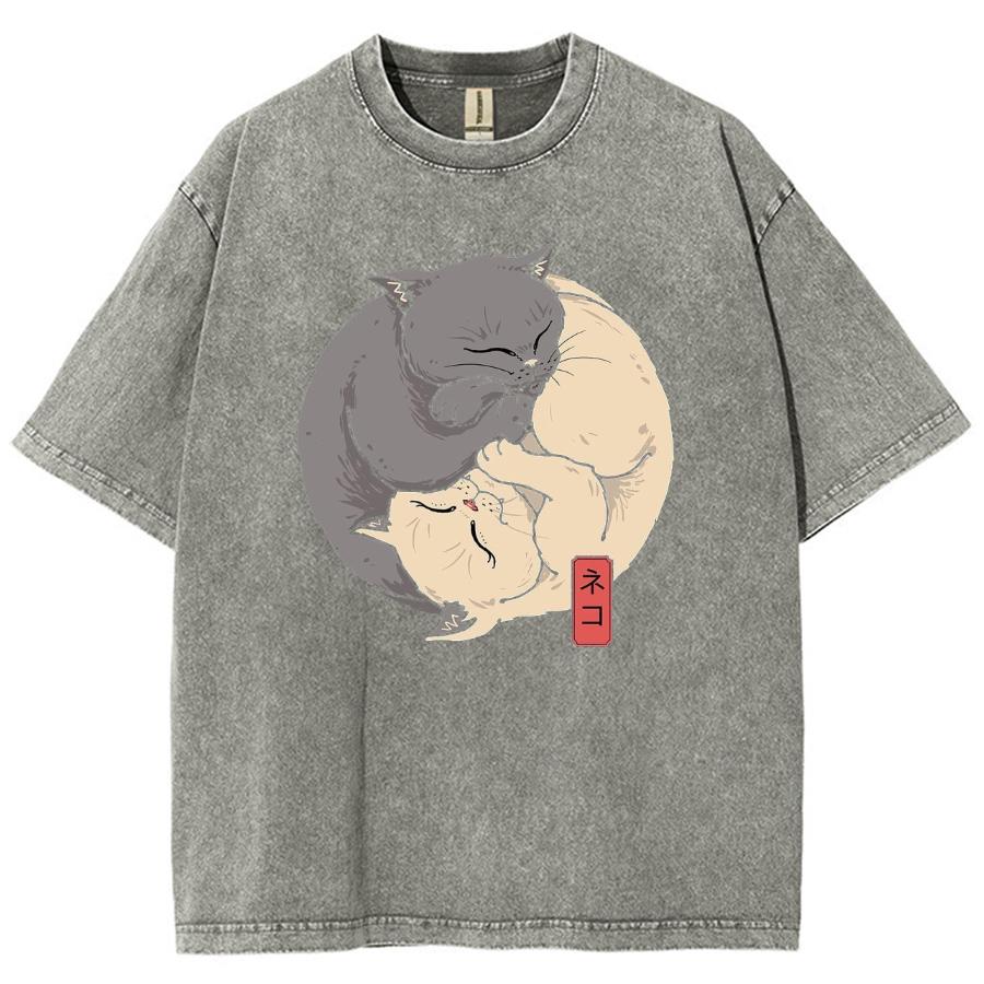 Japanese Two Cat Print Women Washed T-Shirt Oversized Loose Cotton Half-Sleeved Cute Anime Style Top Student Daily Tees