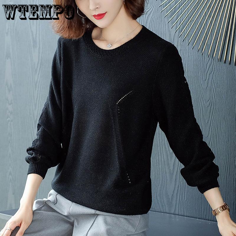 Stitching Lace Base Knitted Sweater Women Flowers Hollow Loose Round Neck Solid Color Casual Jumpers Female 2024 Spring