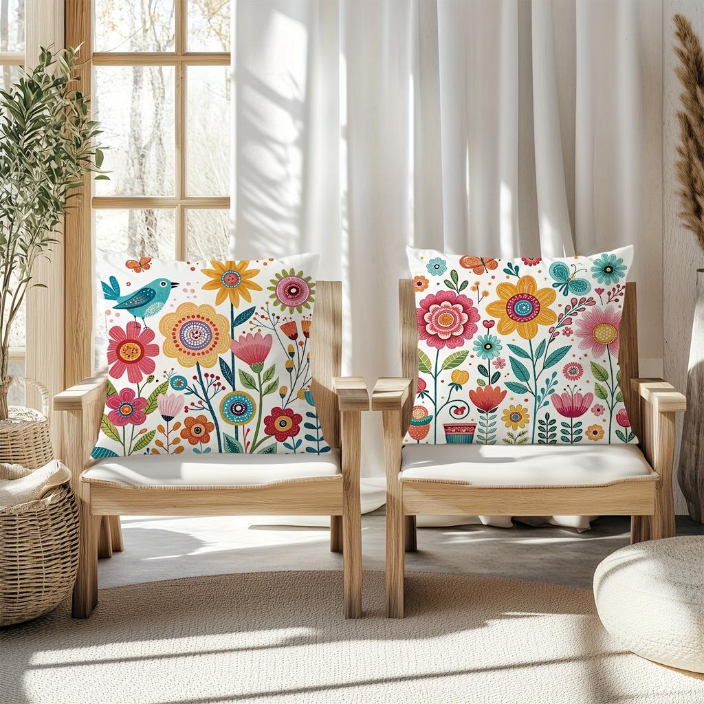 Colorful Floral - Bird Cheerful Pillow CoversLiving Room Sofa Cushion Cover, Soft and Comfortable, Bedroom Room Decoration