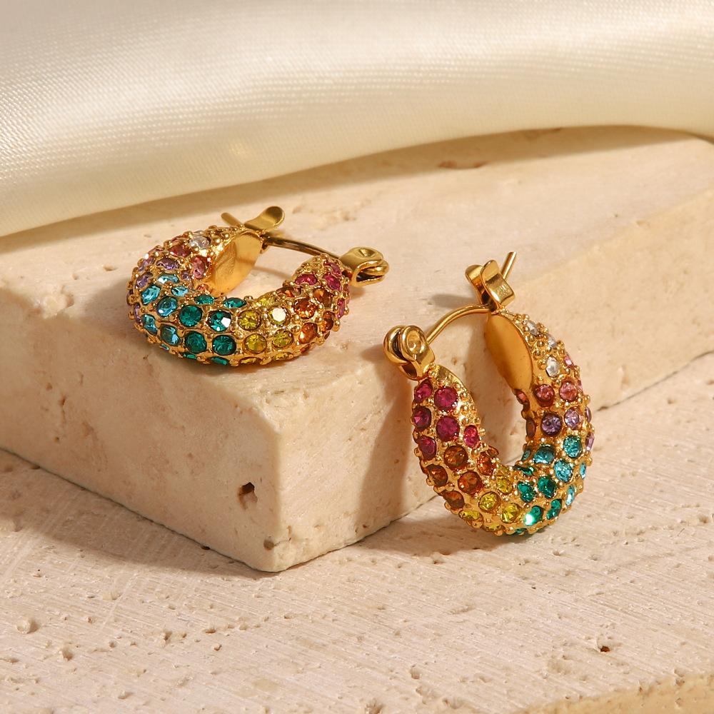 New Lava Hammered Colorful Zircon Earrings 18K Stainless Steel Gold Plated Chunky Hoop Earrings