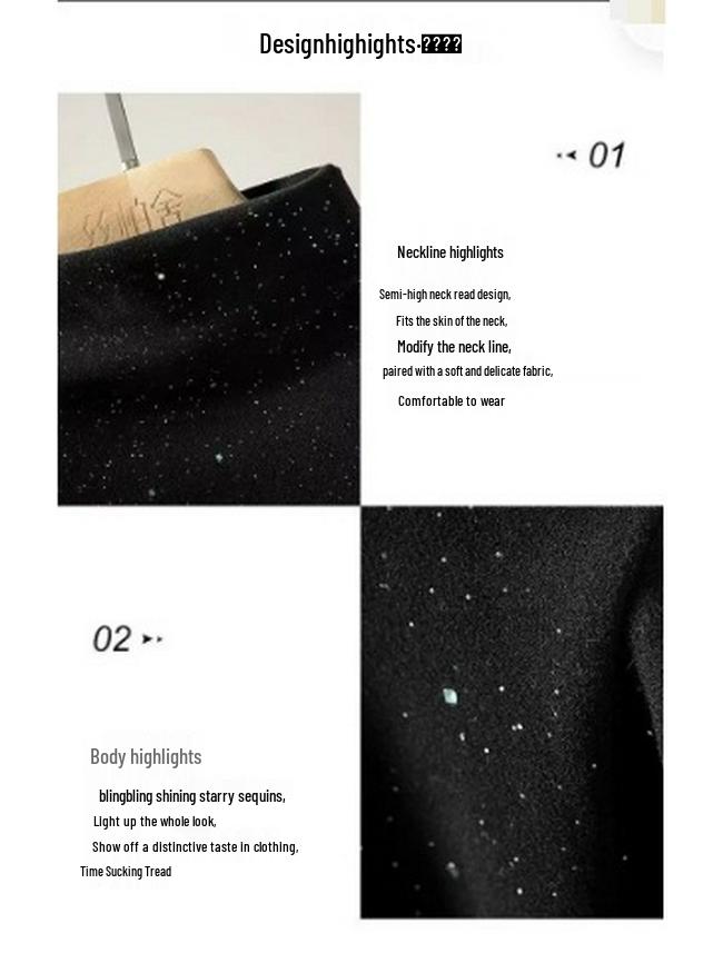 Velvet Sequin Women's Semi-High Neck Slimming Winter Base Layer T-Shirt - Plus Size Available