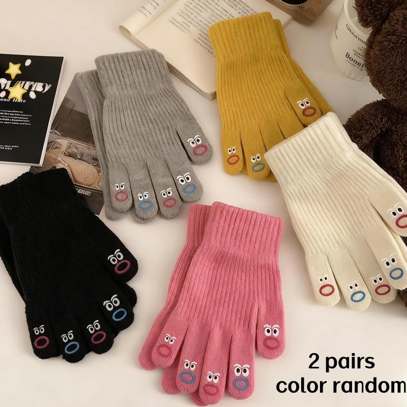 

2 Pairs of Random Color Finger Expression Gloves, Winter Touchscreen Gloves, Korean Style, Fleece-Lined, Thickened, Solid Color, Warm Gloves, C