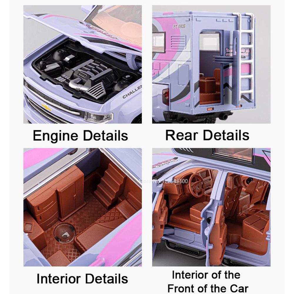 1:32 Camping RV X-Trail Trailer Model Toy Car Alloy Diecast Sound Light Doors Opened Truck Models Ornament Gifts for Children