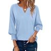 Women Black V Neck 3/4 Puff Sleeve Top Casual Loose Fit Solid Color Blouse Elegant Commute Tunic Shirt