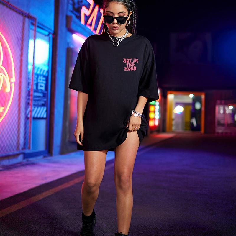 Not In The Mood Pink Letter Print T-Shirts Women 100% Cotton Shoulder Drop Short Sleeve Loose Oversized Tee Shirt Hip Hop Tops