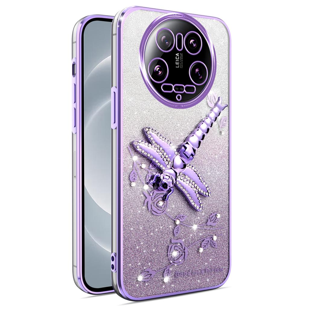 For Xiaomi 14 Ultra Case Dragonfly Kickstand TPU Flowers Glitter Phone Cover