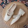 Fashion Mary Jane Shoes Large Size Women's Shoes New Chinese Style Square Head Thick Heel Beaded Belt Low Heel Mary Jane Shoes for Woman
