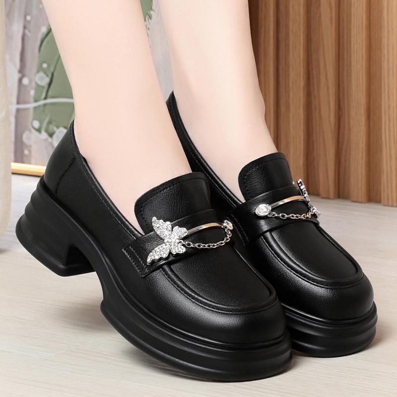 Fashion 5cm Butterfly Bright Leather Loafers Women's Chunky Platform Shoes 2024 Spring Square Heels Pumps For Office Mom Girls Versatile