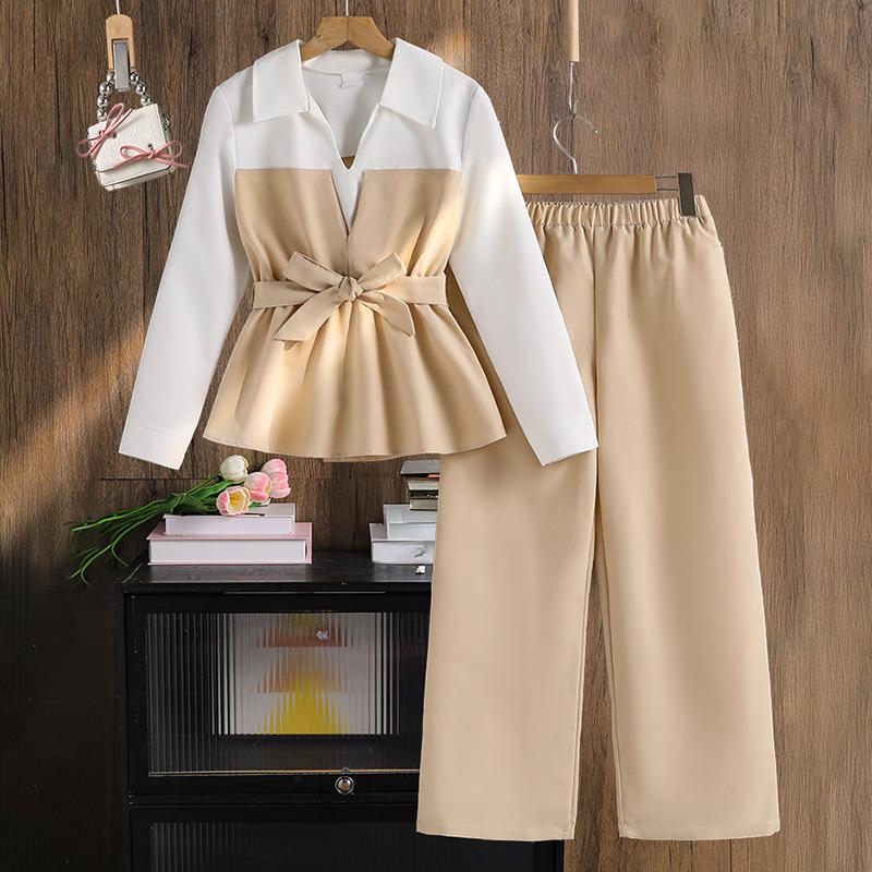 

Детская одежда для девочек, осенний новый модный комплект из двух предметов: топ с длинным рукавом в стиле колор-блок и повседневные брюки. 12Y коричневый