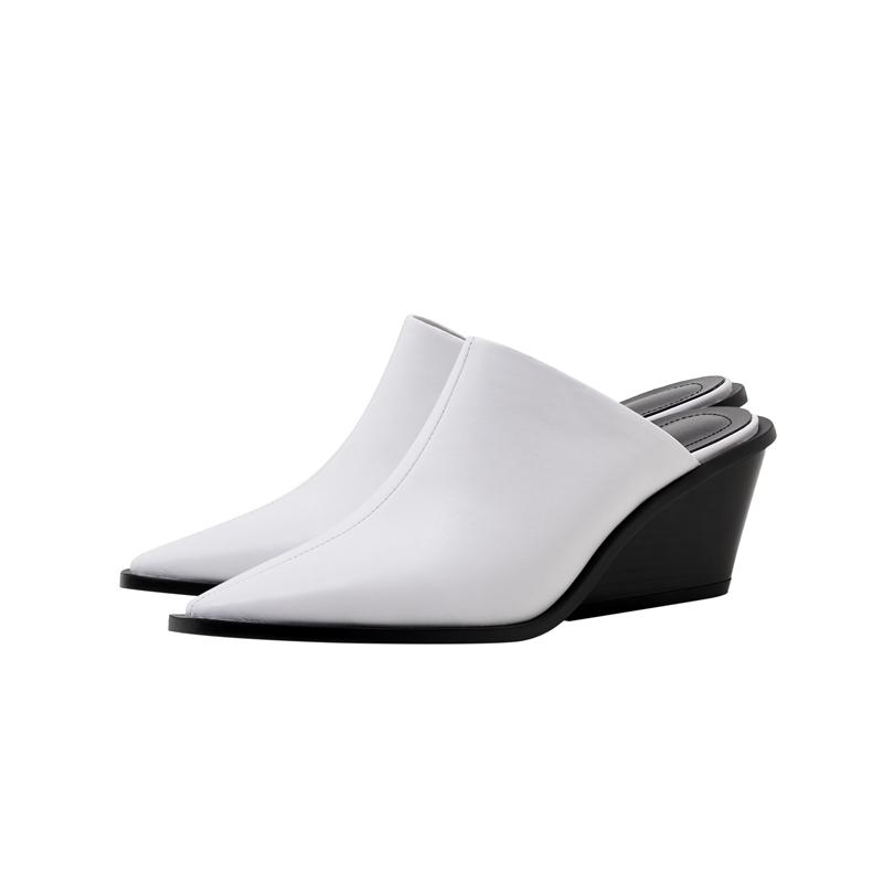 Kaky's New Cow Pasted Leather Pointed Wedge Heels High Heels Women's Shoes Large Slippers Wrapped Half Slippers Sheepskin Footpa