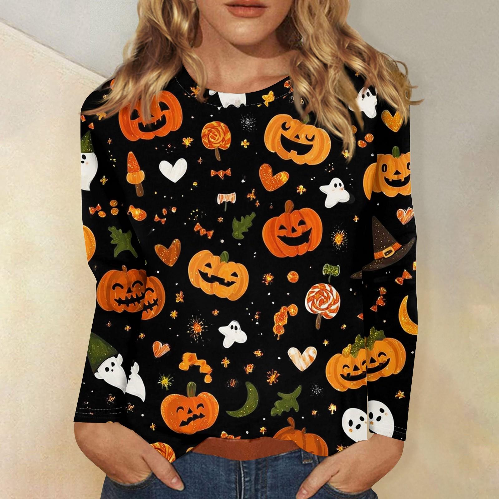 

Женская мода, повседневный пуловер с длинными рукавами и круглым вырезом с принтом на Хэллоуин M чёрный