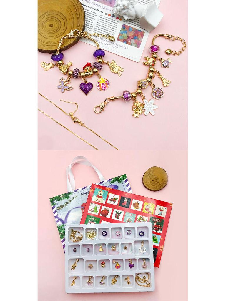 Contagem Regressiva para o Natal: Caixa de Presente Roxa com Calendário de Pulseira de Contas Douradas/Prateadas DIY