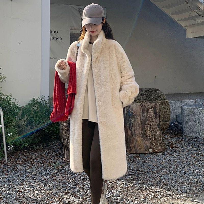Winter Thick Long Stand Collar Loose Mink Fur Coat Women Casual Outerwear