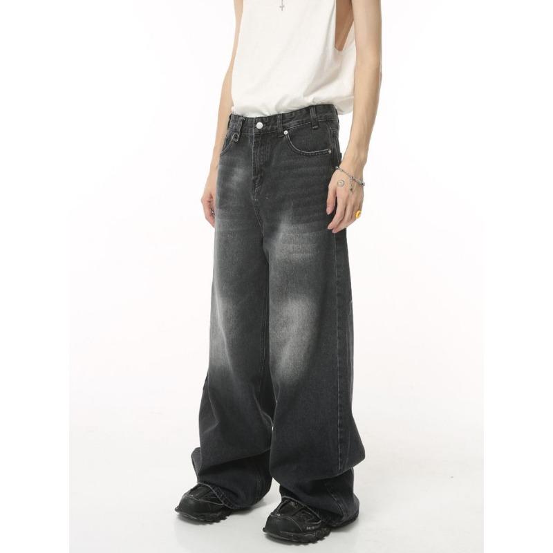 Women's Vintage Washed Black Wide Leg Jeans High Waist Loose Fit Straight Denim Trousers