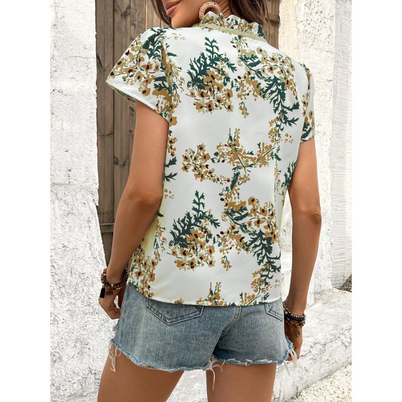 Summer New Women's Floral Print Lace-up Short-sleeved Shirt Pullover Top