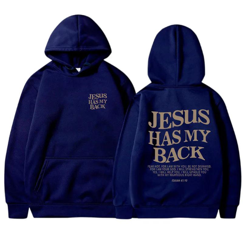 JESUS HAS MY BACK Velvet Hoodie Plain English Letter Slogan Print Kangaroo Pocket Drawstring Print Hoodie