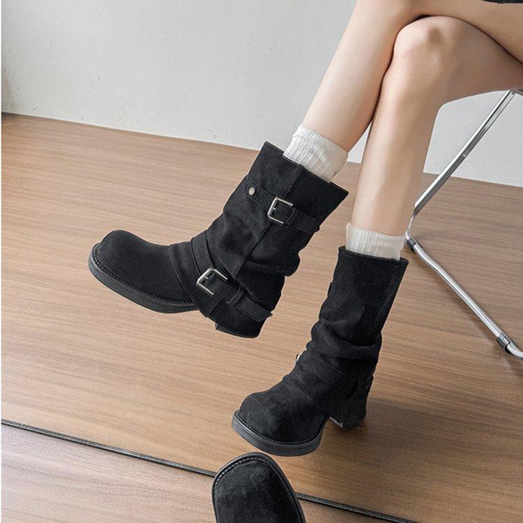 Thick-soled Western Cowboy Pleated Piled Boots Women's Autumn and Winter Retro Knight Thick Heel Trousers Short Boots Women