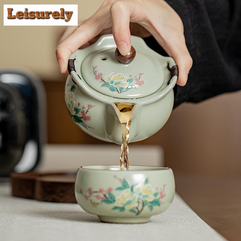 Pea Green Ru Kiln Porcelain Tea Set Kit Vintage 1 Pot 1 Cup Portable Travel Tea Maker Hibiscus Designer Outdoor Handbag Craft